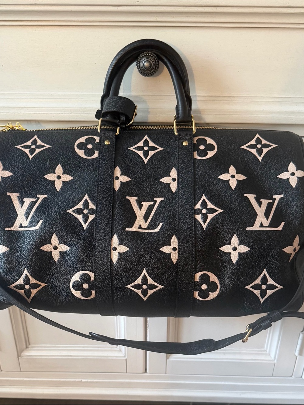Louis Vuitton Black and Tan Keepall Bandouliere 45 Monogram Travel Bag